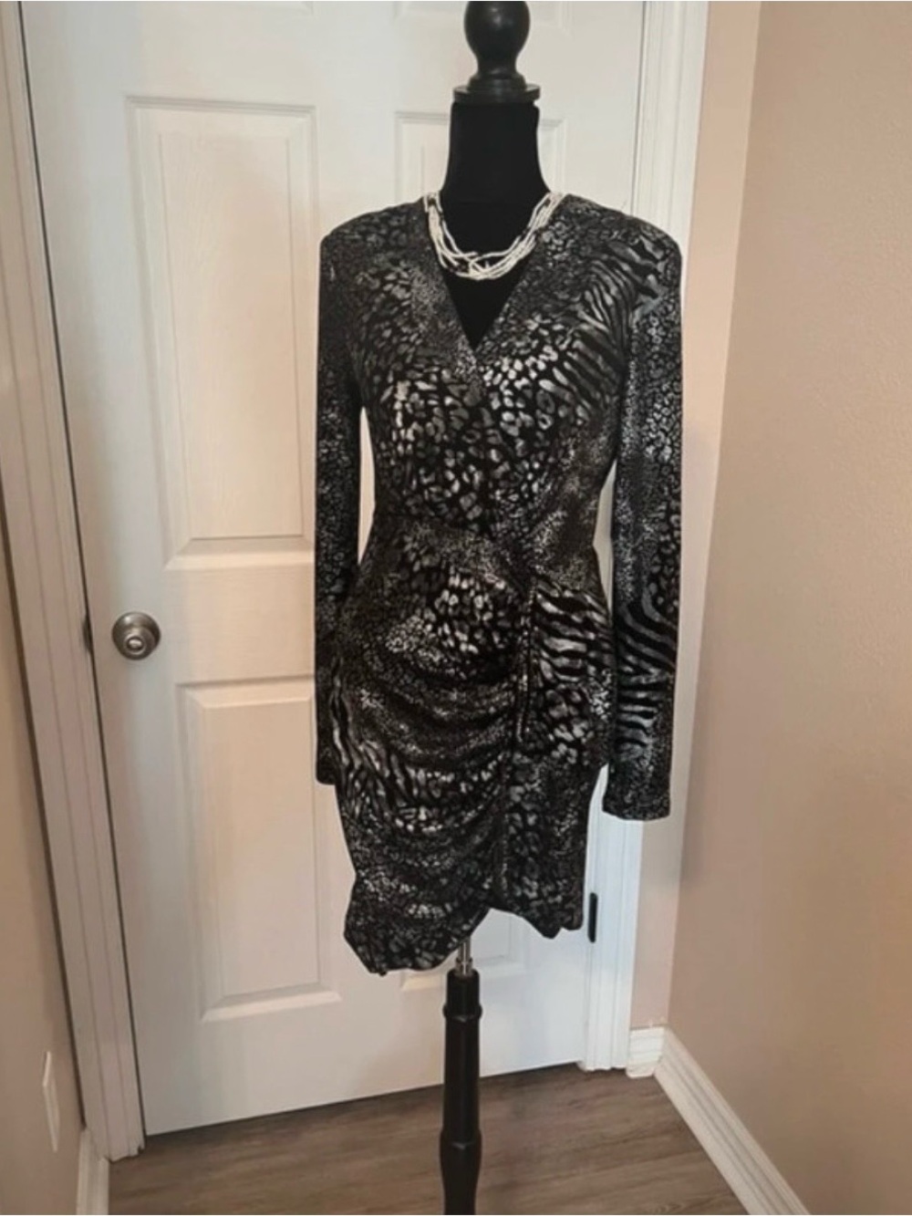 Y2K metallic grey evening dress with shoulder pads